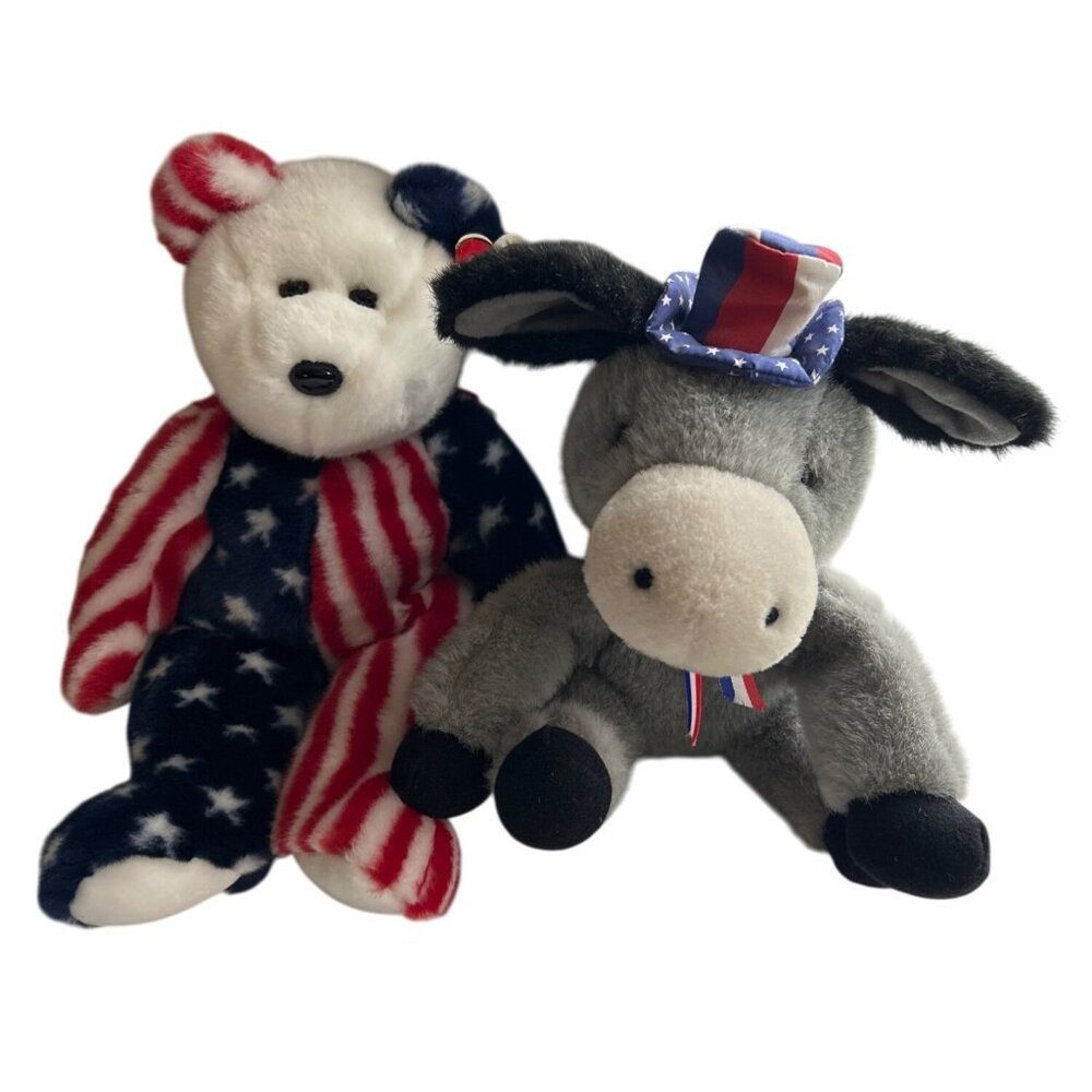 Ty Beanie Babies 1999 Spangle Bear Gibson Righty Donkey Patriotic Plush Bundle